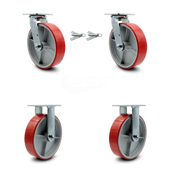 8 Inch Red Poly on Steel Caster Set with Roller Bearings 2 Swivel Lock 2 Rigid